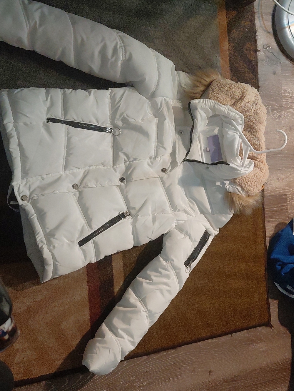 Madden Girl White Puffer Jacket with Faux Fur Trim Hood